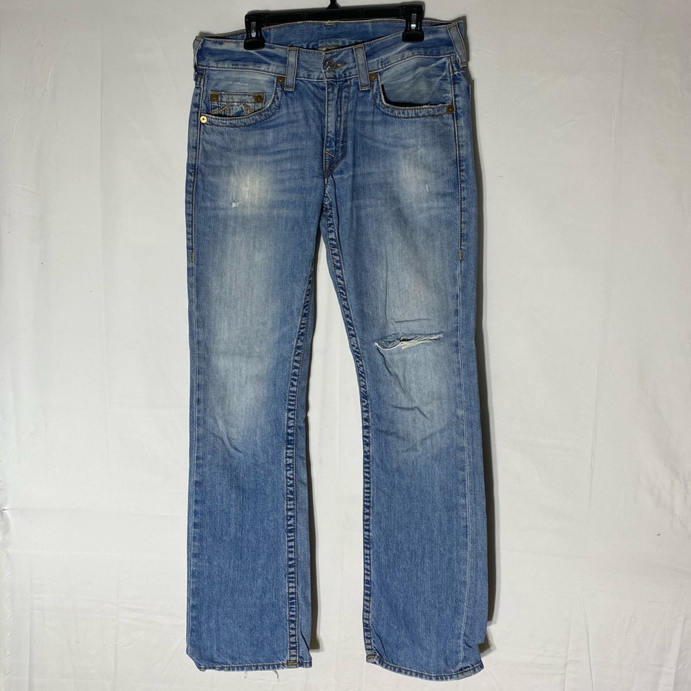 Vintage Y2K True Religion Distressed Light Wash Straight Leg Jeans 33 Festival